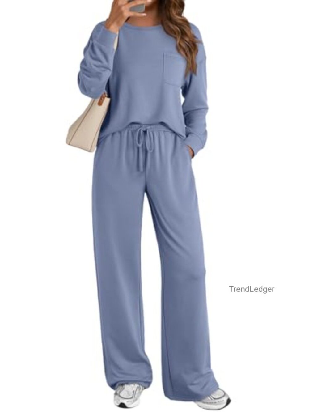 2 Piece Lounge Matching Sweatsuit Set Long Sleeve Wide Leg Pants with Pockets
